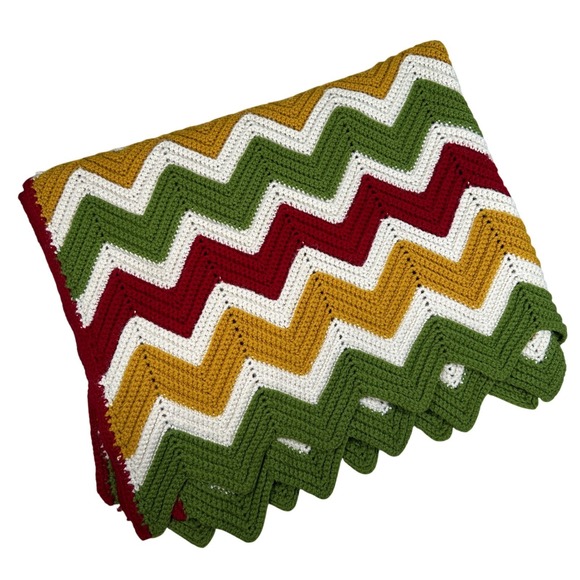 Handmade Crochet Chevron Afghan Throw Blanket Multicolor Zig Zag Retro mustard